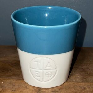 STARBUCKS 2011 Tazo Tea turquoise blue & bone white mug slant top 3 3/4” tall
